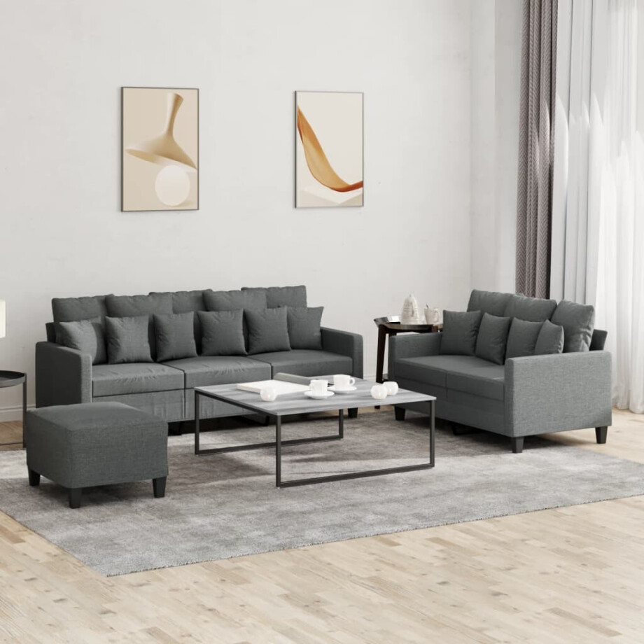 vidaXL 3-delige Loungeset met kussens stof donkergrijs vidaXL 3-delige Loungeset met kussens stof donkergrijs afbeelding 1