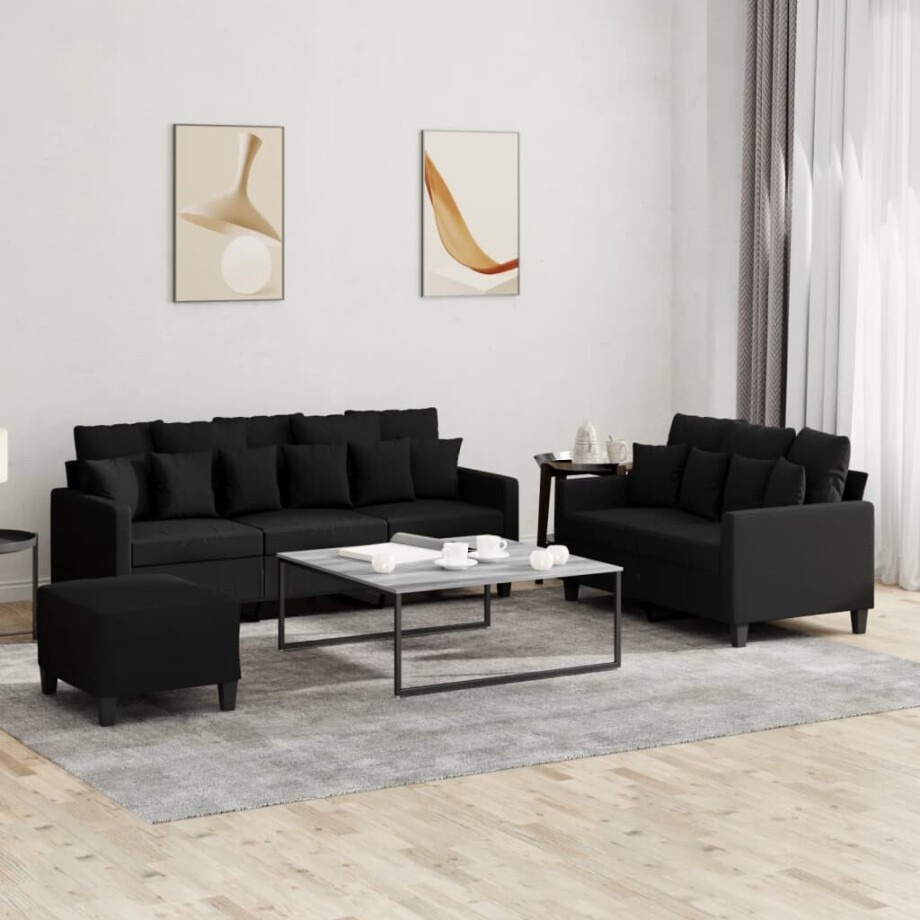 vidaXL 3-delige loungeset met kussens stof zwart afbeelding 1