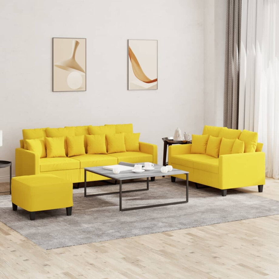 vidaXL 3-delige Loungeset met kussens stof lichtgeel vidaXL 3-delige Loungeset met kussens stof lichtgeel afbeelding 1