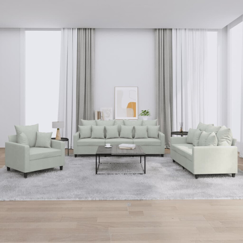 vidaXL 3-delige Loungeset met kussens fluweel lichtgrijs afbeelding 1