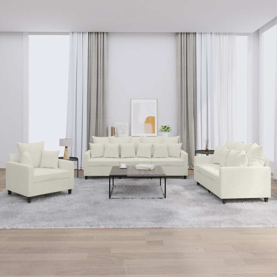 vidaXL 3-delige Loungeset met kussens fluweel crèmekleurig afbeelding 1