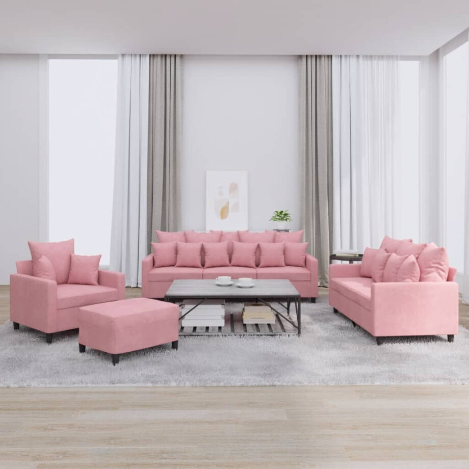vidaXL 4-delige Loungeset met kussens fluweel roze afbeelding 1