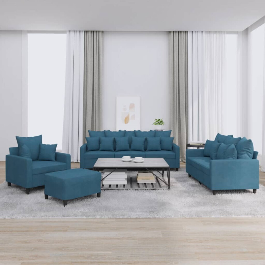 vidaXL 4-delige Loungeset met kussens fluweel blauw afbeelding 1