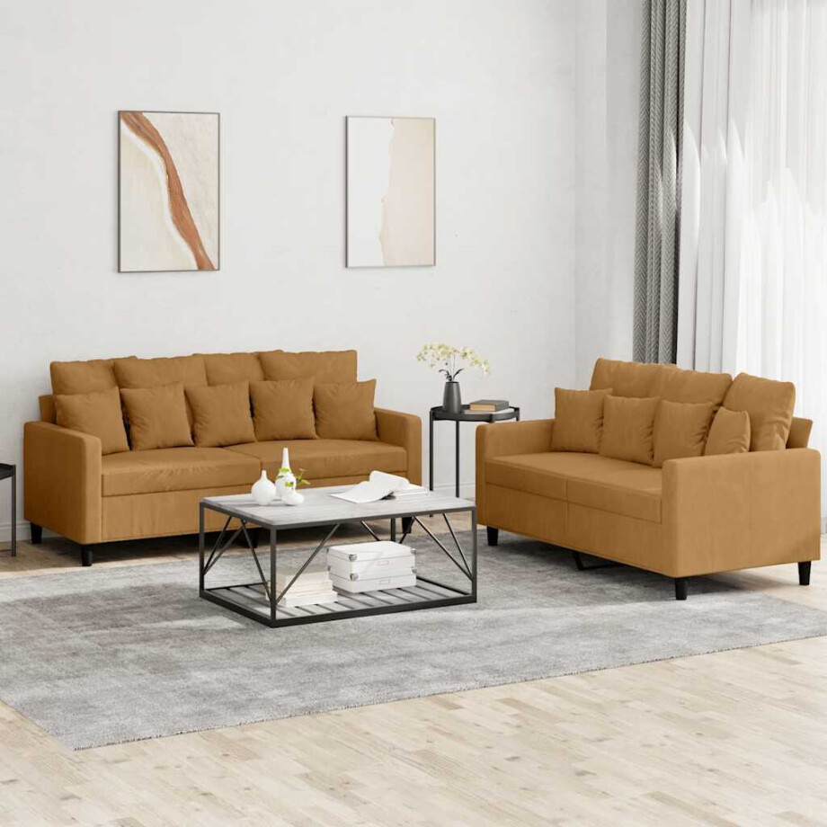 vidaXL 2-delige Loungeset met kussens fluweel bruin vidaXL 2-delige Loungeset met kussens fluweel bruin afbeelding 1