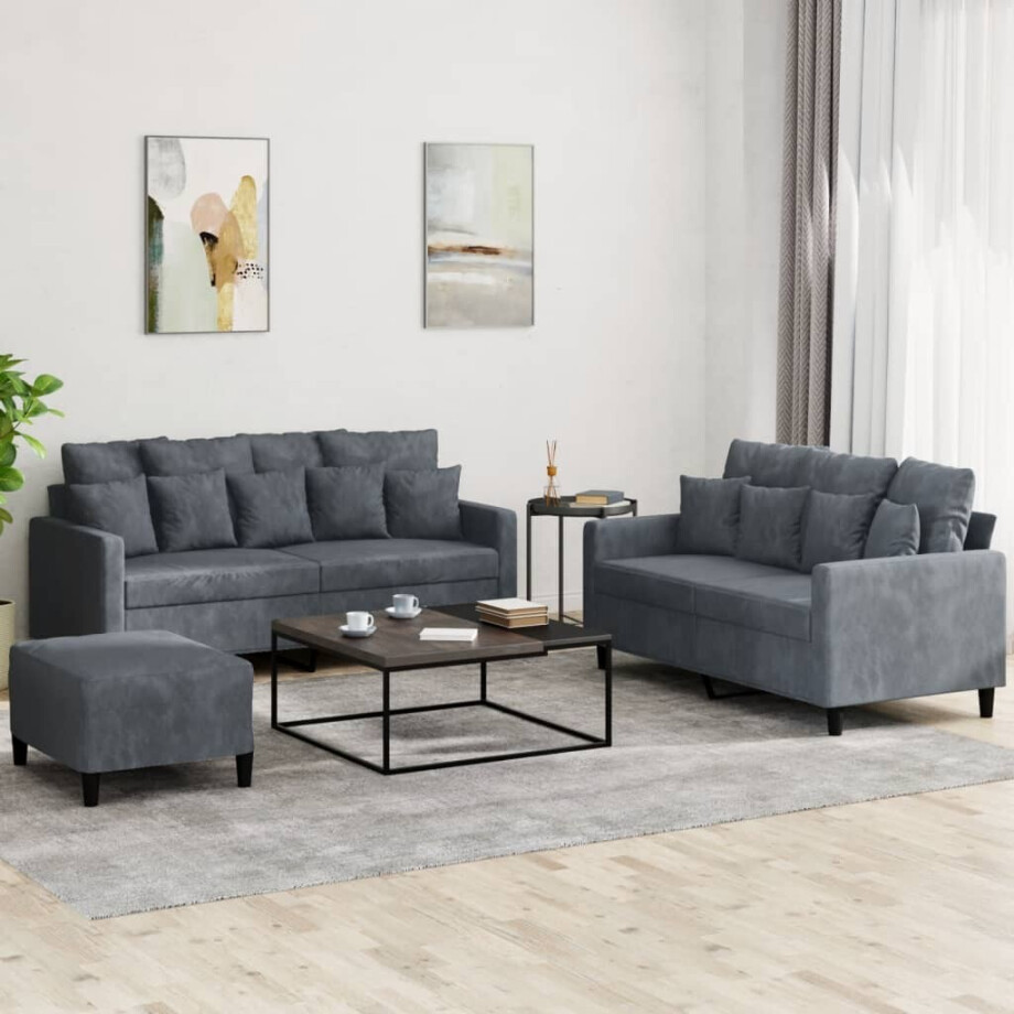 vidaXL 3-delige Loungeset met kussens fluweel donkergrijs vidaXL 3-delige Loungeset met kussens fluweel donkergrijs afbeelding 1
