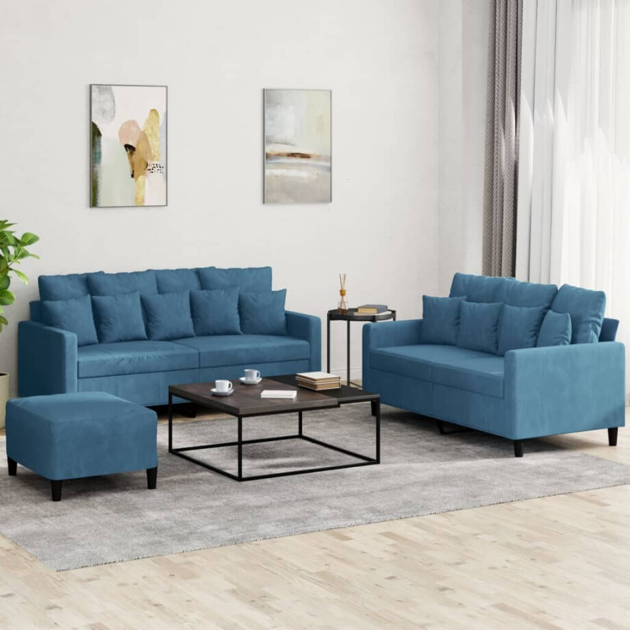 vidaXL 3-delige Loungeset met kussens fluweel blauw vidaXL 3-delige Loungeset met kussens fluweel blauw afbeelding 1
