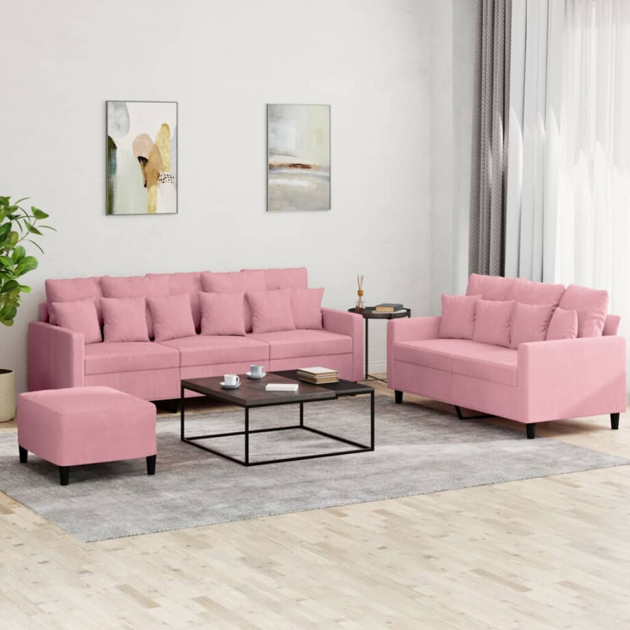 vidaXL 3-delige Loungeset met kussens fluweel roze afbeelding 1