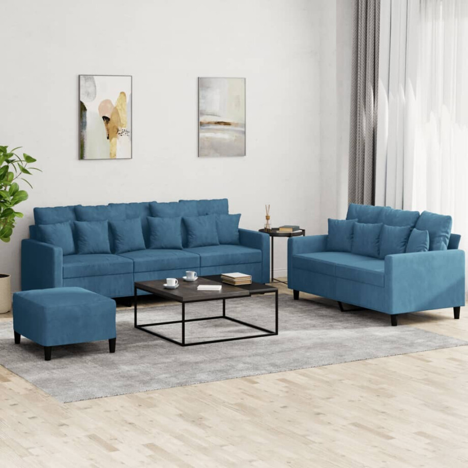 vidaXL 3-delige Loungeset met kussens fluweel blauw afbeelding 1