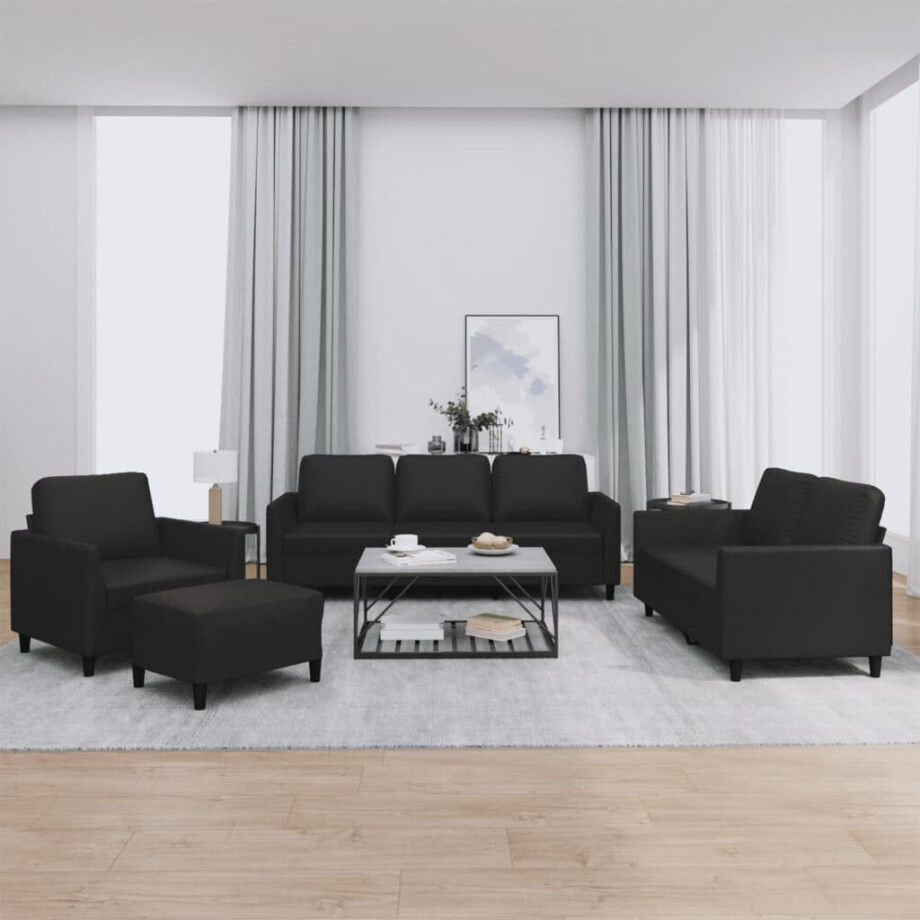 vidaXL 4-delige Loungeset met kussens kunstleer zwart vidaXL 4-delige Loungeset met kussens kunstleer zwart afbeelding 1
