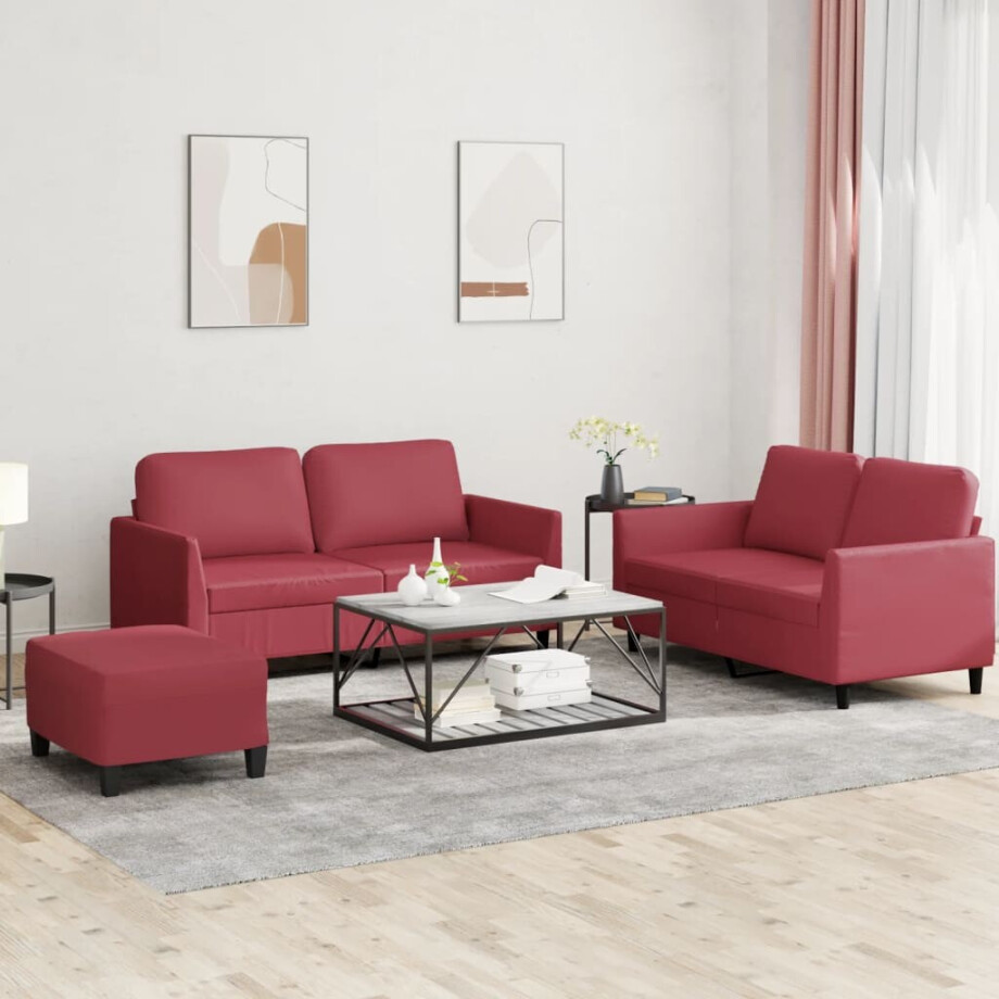 vidaXL 3-delige Loungeset met kussens kunstleer wijnrood afbeelding 1