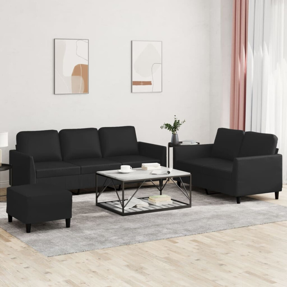 vidaXL 3-delige Loungeset met kussens kunstleer zwart afbeelding 1