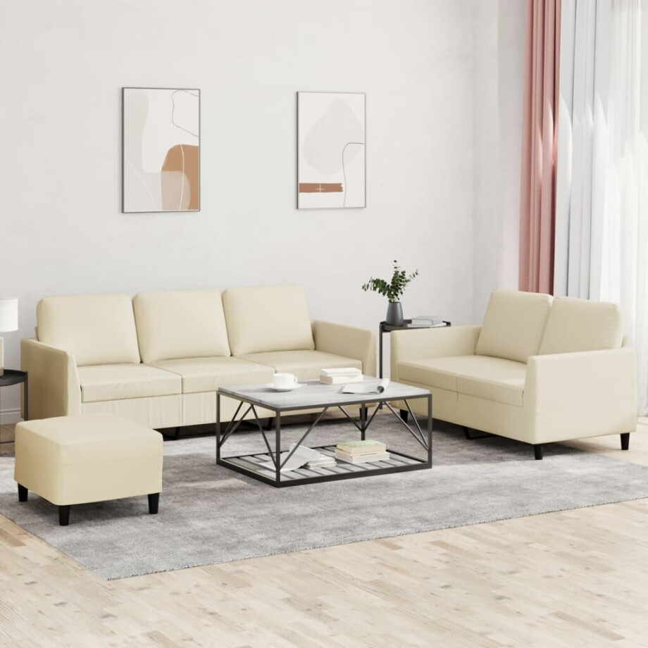 vidaXL 3-delige Loungeset met kussens kunstleer crème afbeelding 1