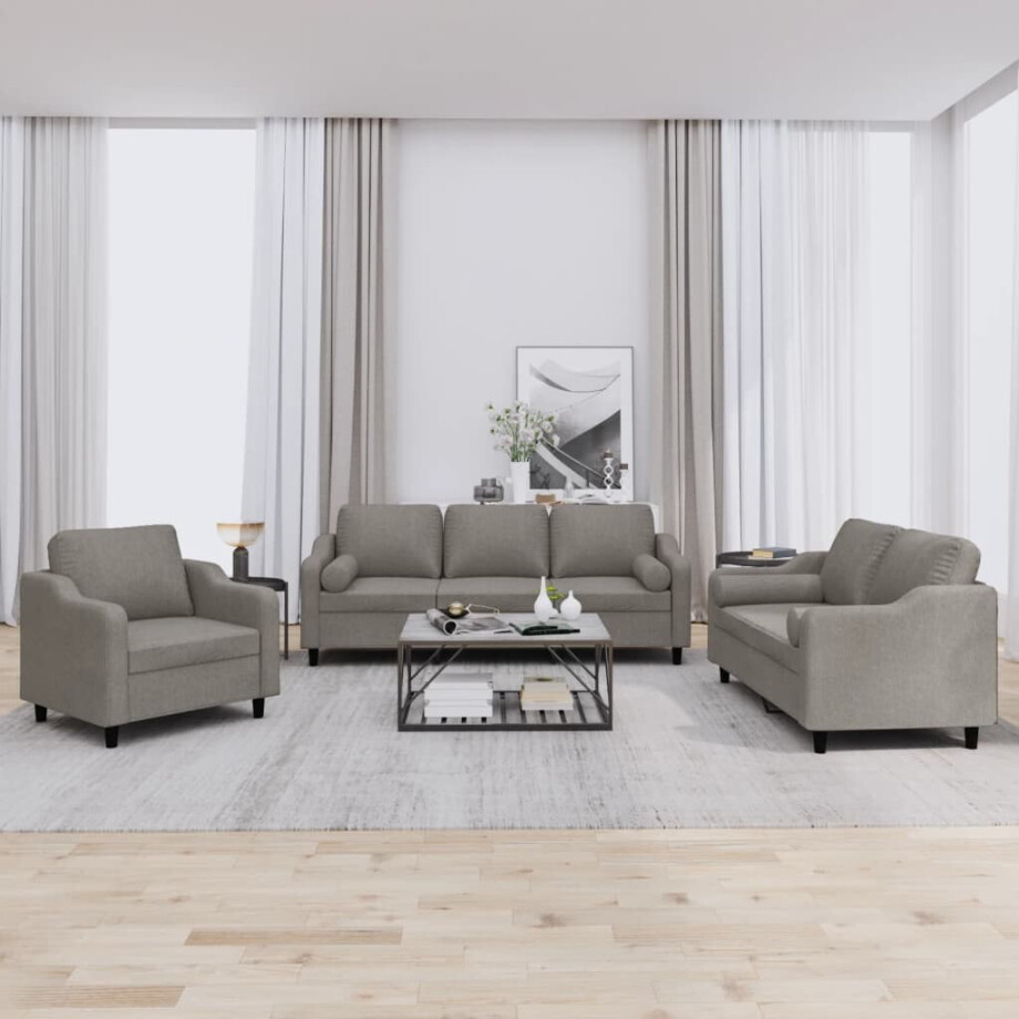 vidaXL 3-delige Loungeset met kussens stof taupe afbeelding 1