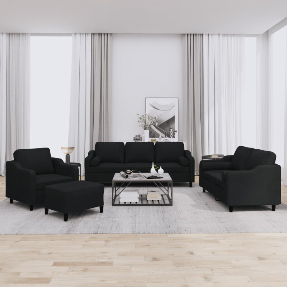 vidaXL 4-delige Loungeset met kussens stof zwart afbeelding 1