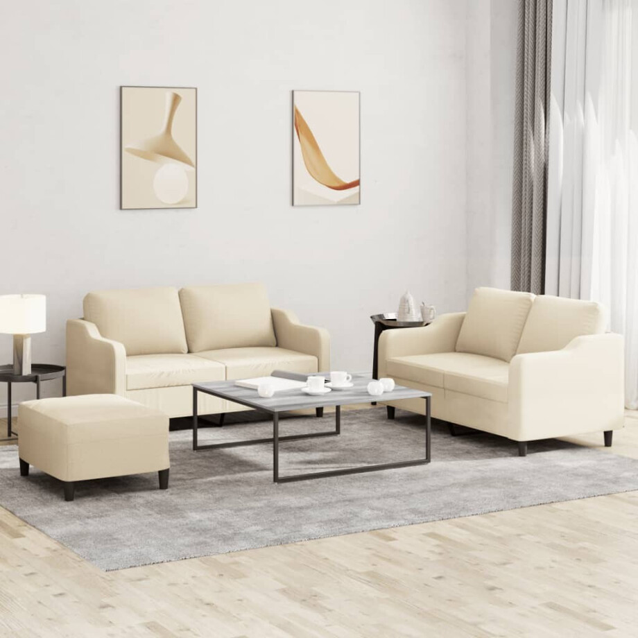vidaXL 3-delige Loungeset met kussens stof crèmekleurig vidaXL 3-delige Loungeset met kussens stof crèmekleurig afbeelding 1