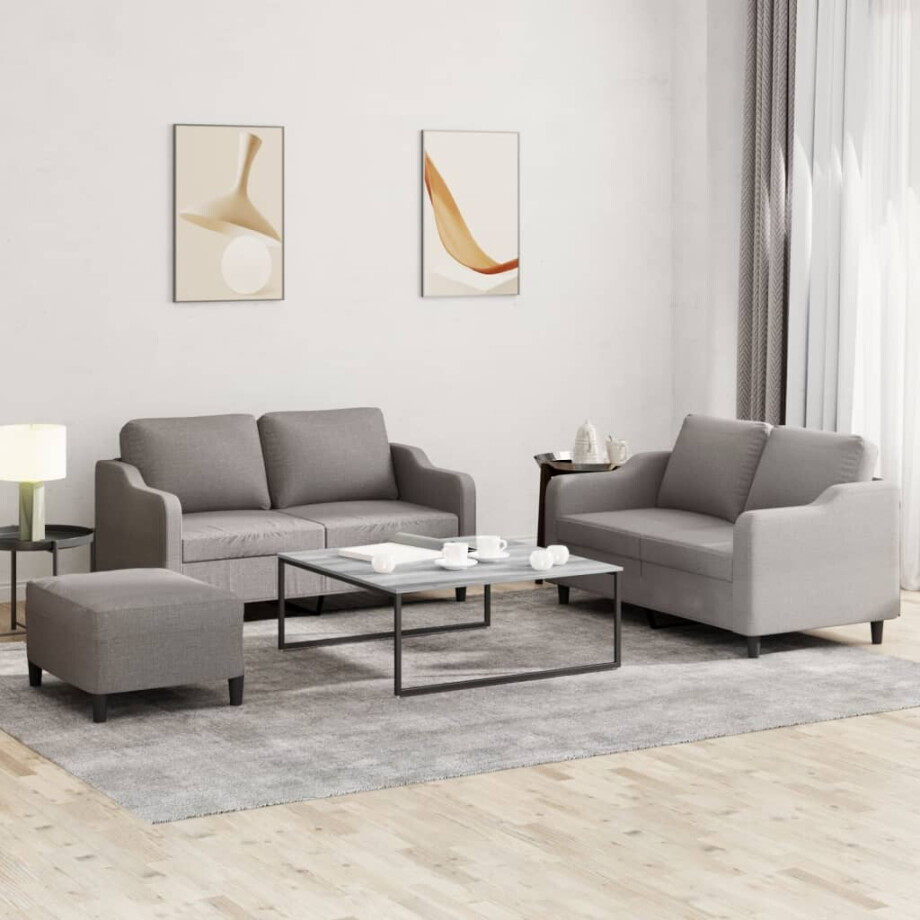 vidaXL 3-delige Loungeset met kussens stof taupe afbeelding 1