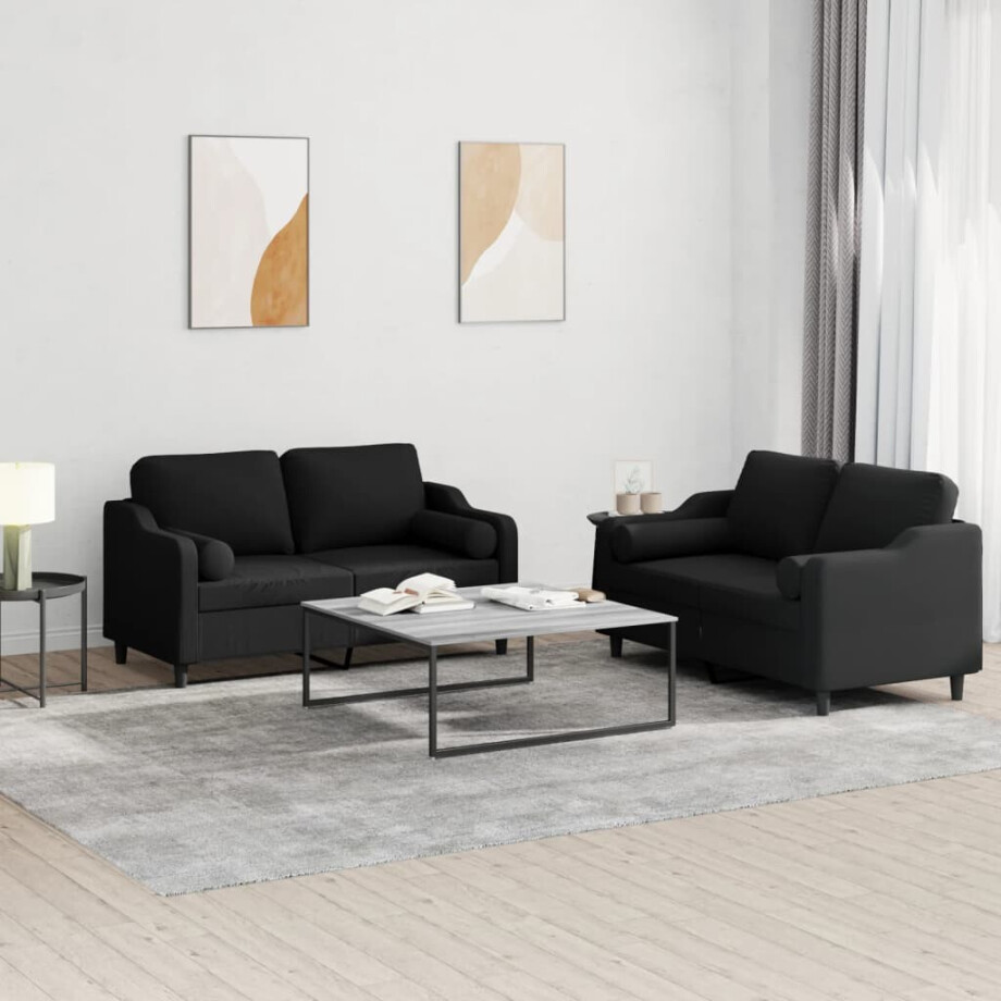 vidaXL 2-delige Loungeset met kussens stof zwart afbeelding 1
