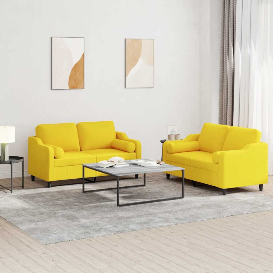 vidaXL 2-delige Loungeset met kussens stof lichtgeel vidaXL 2-delige Loungeset met kussens stof lichtgeel afbeelding 1