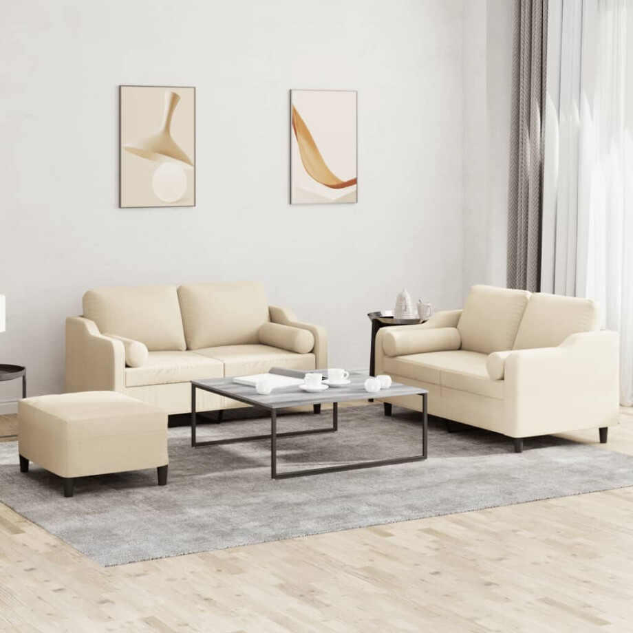 vidaXL 3-delige Loungeset met kussens stof crèmekleurig vidaXL 3-delige Loungeset met kussens stof crèmekleurig afbeelding 1