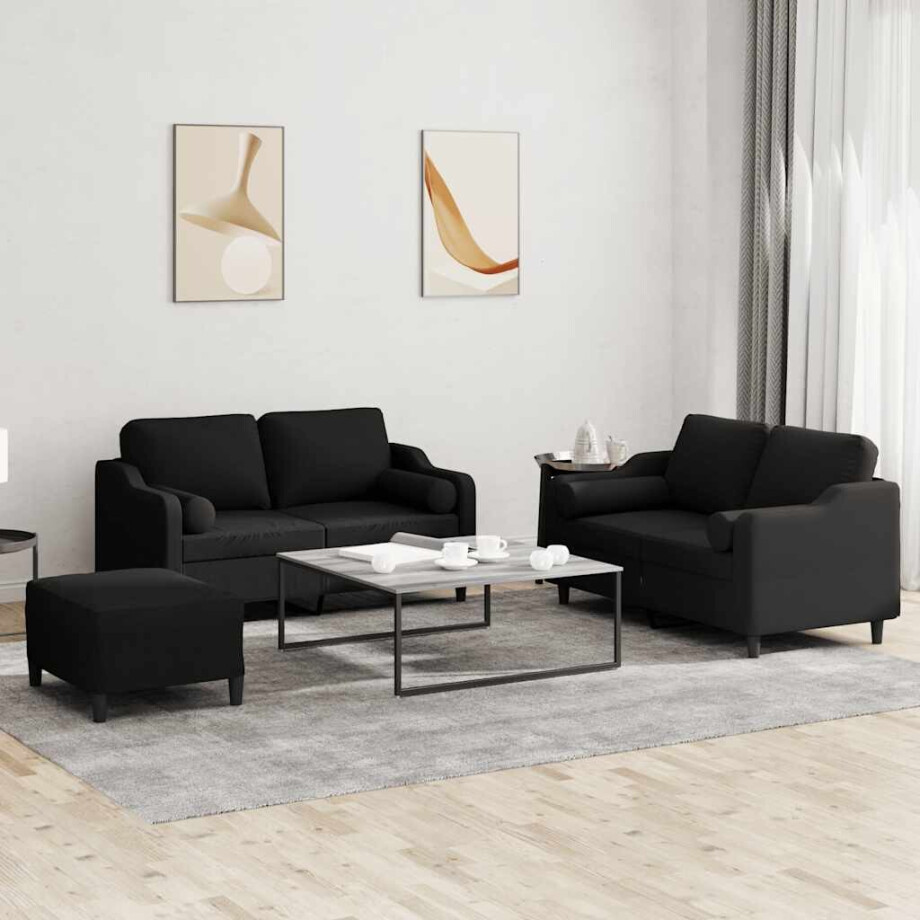 vidaXL 3-delige Loungeset met kussens stof zwart afbeelding 1