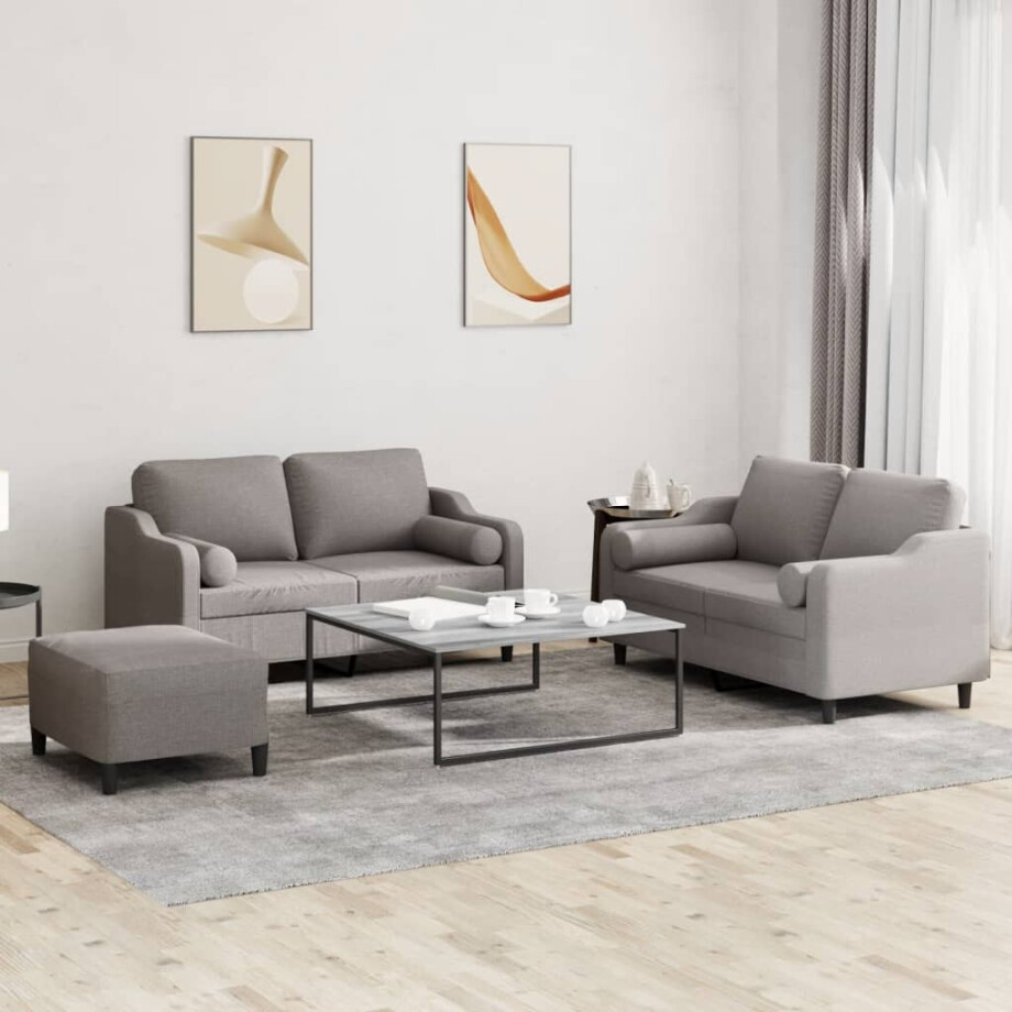 vidaXL 3-delige Loungeset met kussens stof taupe afbeelding 1