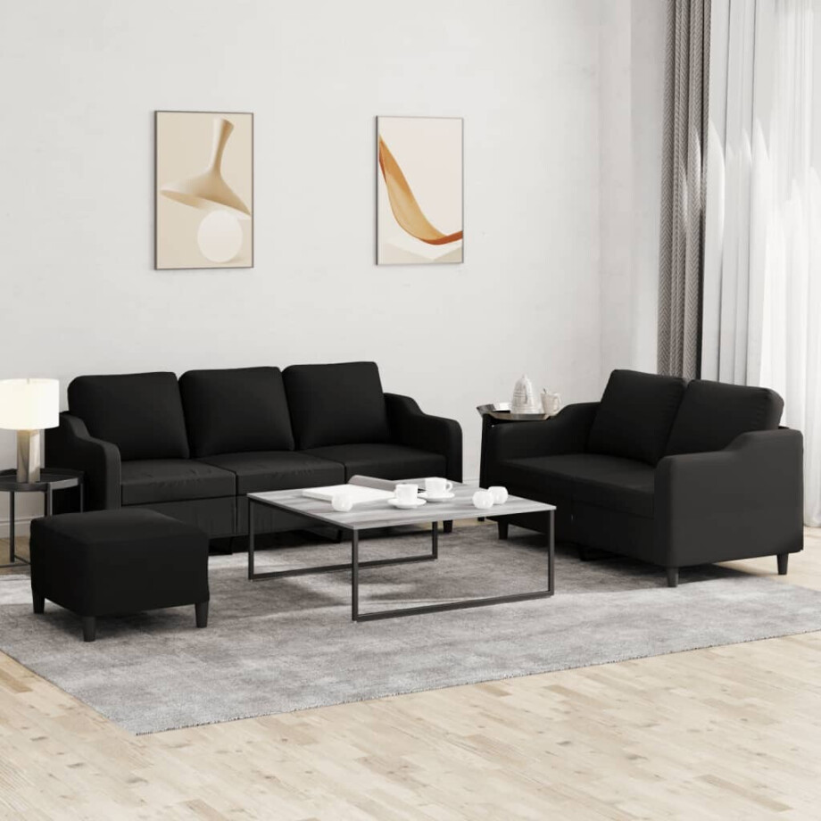 vidaXL 3-delige loungeset met kussens stof zwart afbeelding 1