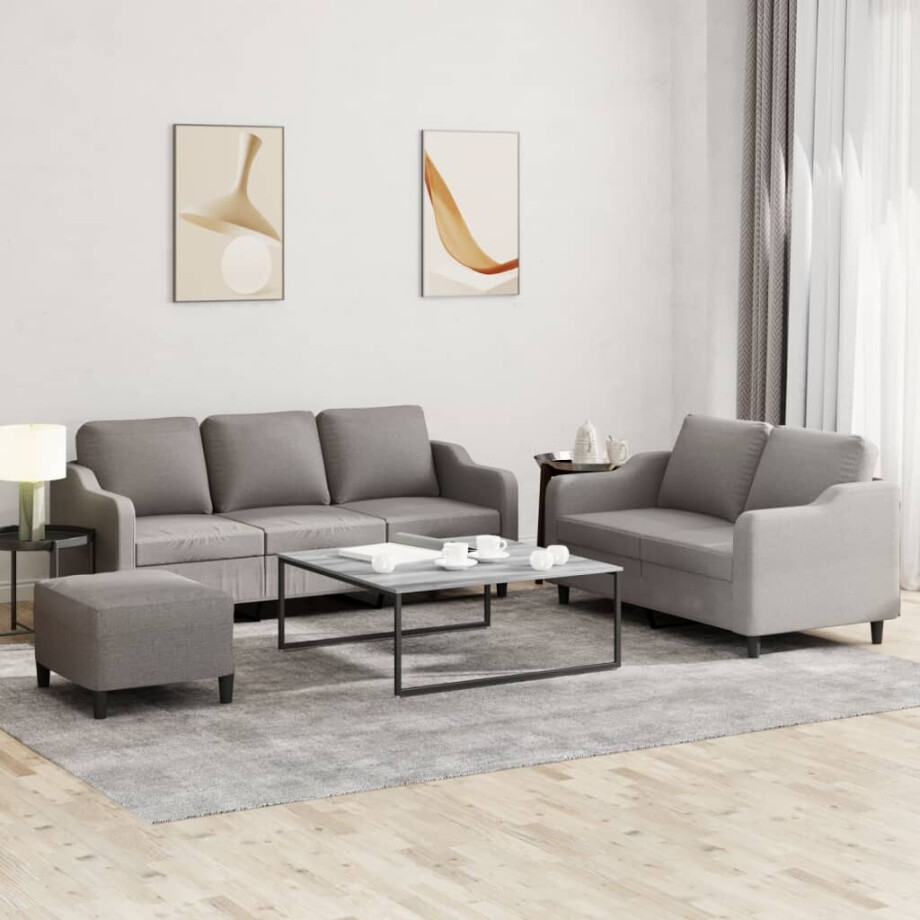 vidaXL 3-delige Loungeset met kussens stof taupe afbeelding 1