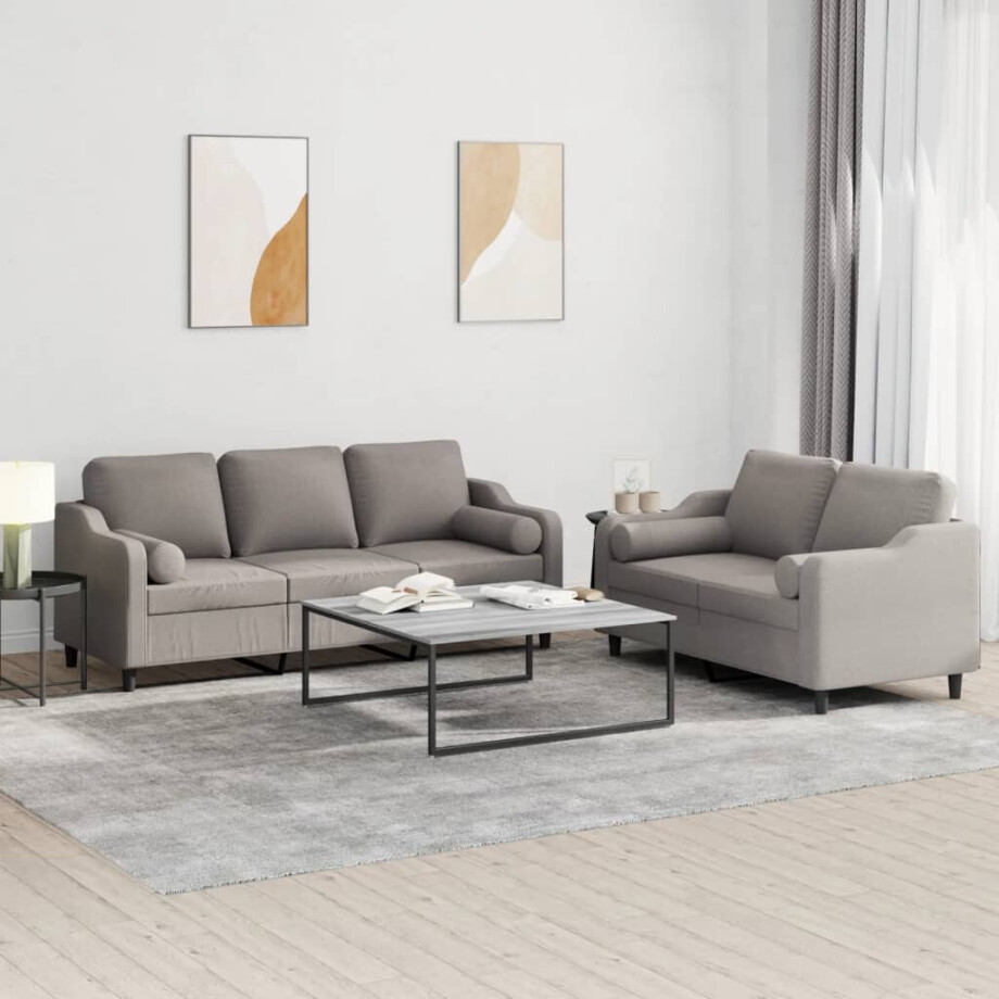vidaXL 2-delige Loungeset met kussens stof taupe vidaXL 2-delige Loungeset met kussens stof taupe afbeelding 1
