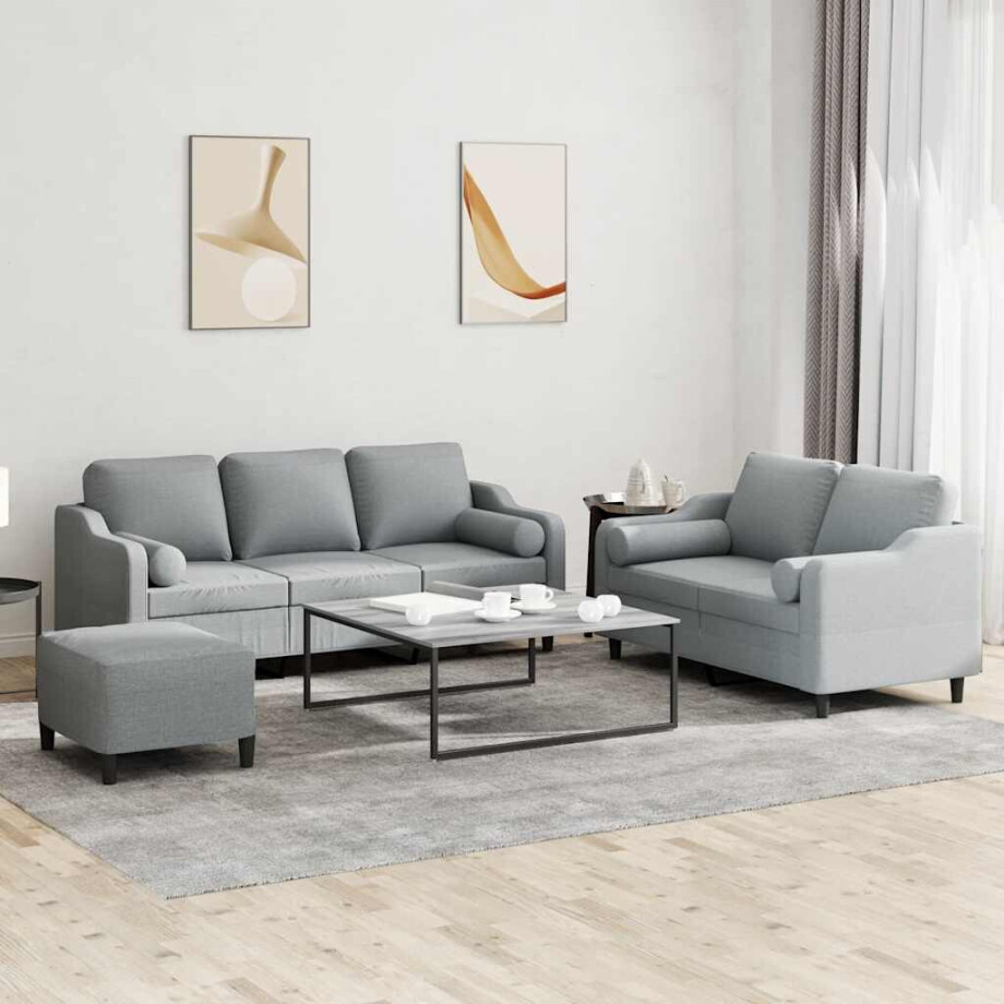 vidaXL 3-delige Loungeset met kussens stof lichtgrijs afbeelding 1