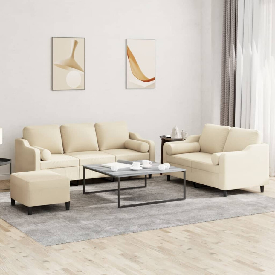 vidaXL 3-delige Loungeset met kussens stof crèmekleurig vidaXL 3-delige Loungeset met kussens stof crèmekleurig afbeelding 1