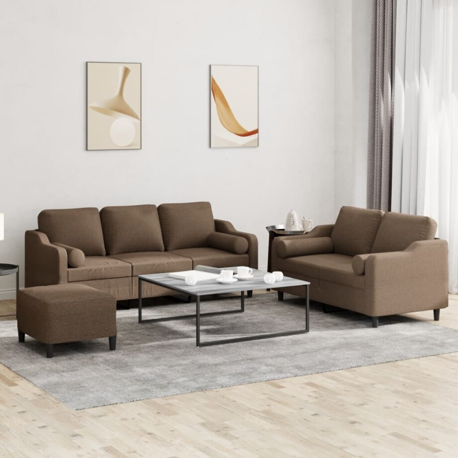vidaXL 3-delige Loungeset met kussens stof bruin vidaXL 3-delige Loungeset met kussens stof bruin afbeelding 1