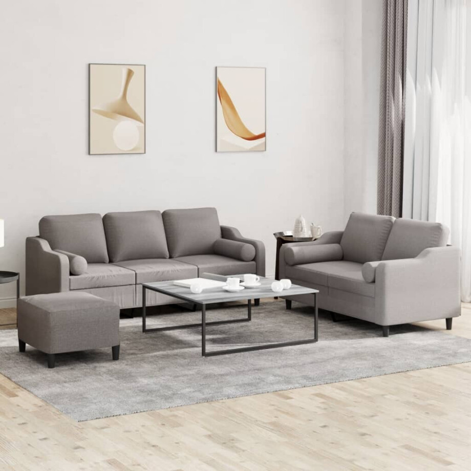 vidaXL 3-delige Loungeset met kussens stof taupe afbeelding 1