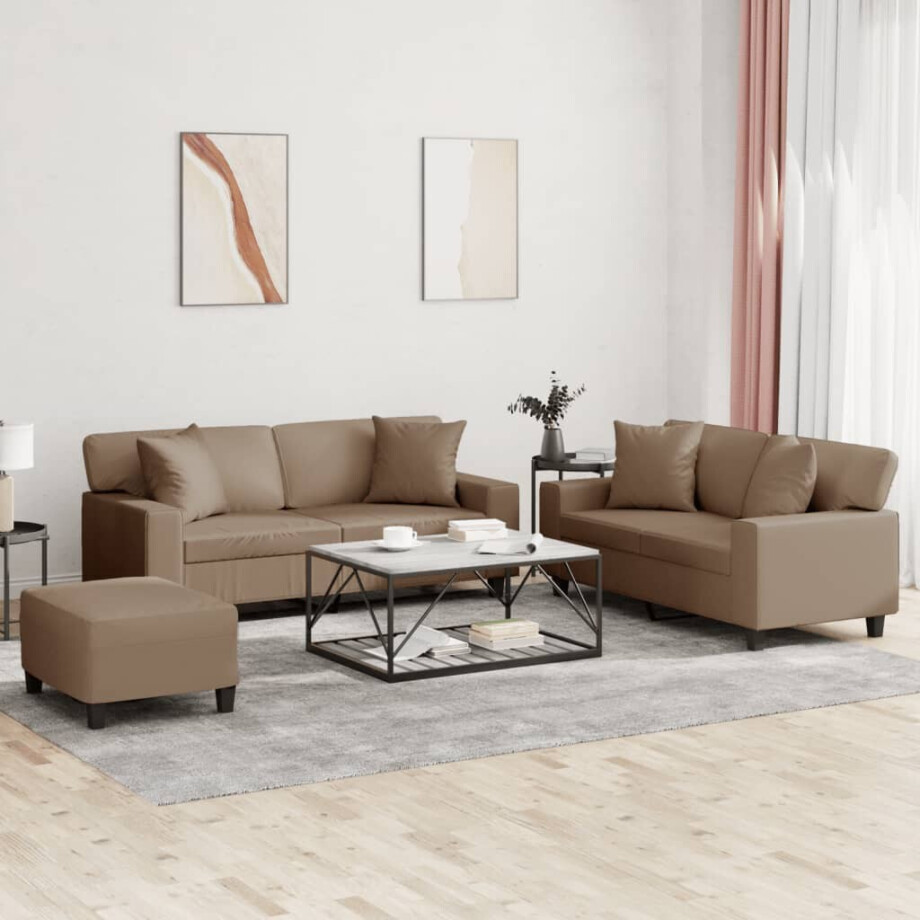 vidaXL 3-delige Loungeset met kussens kunstleer cappuccinokleurig vidaXL 3-delige Loungeset met kussens kunstleer cappuccinokleurig afbeelding 1