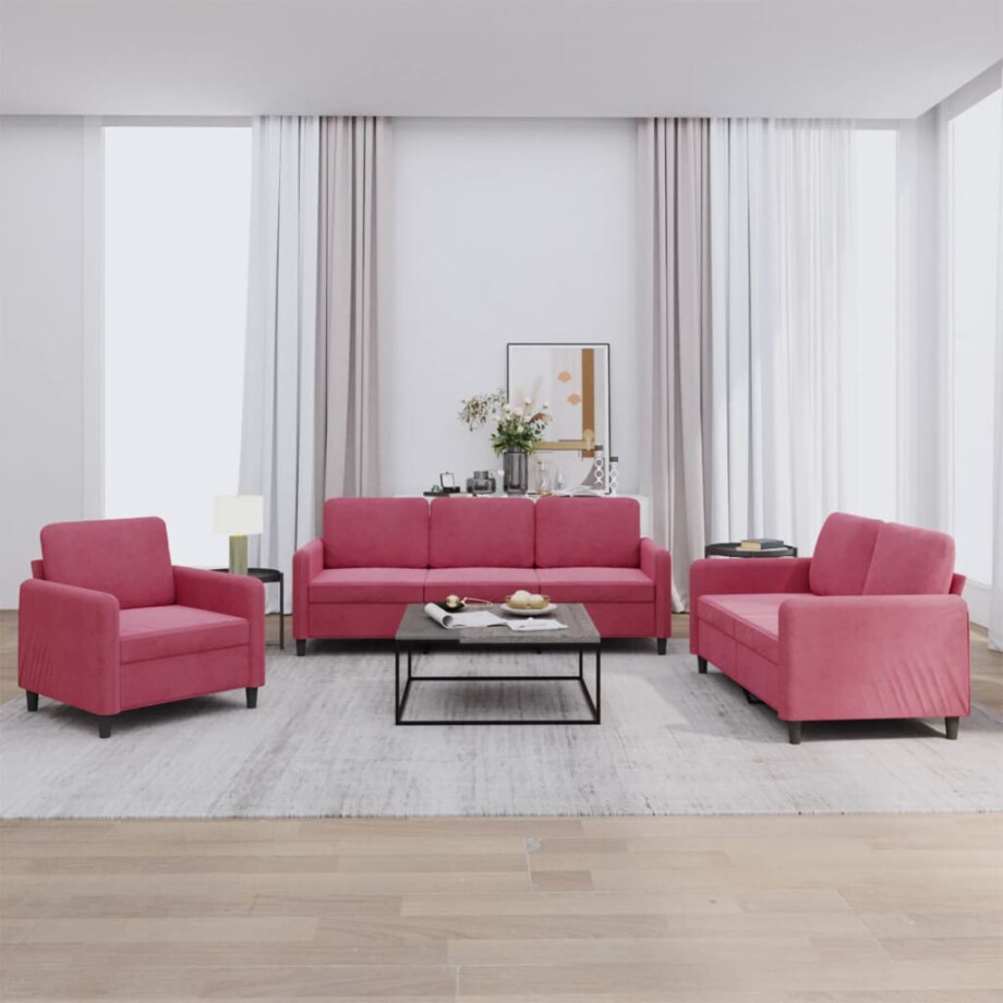 vidaXL 3-delige Loungeset fluweel wijnrood afbeelding 1