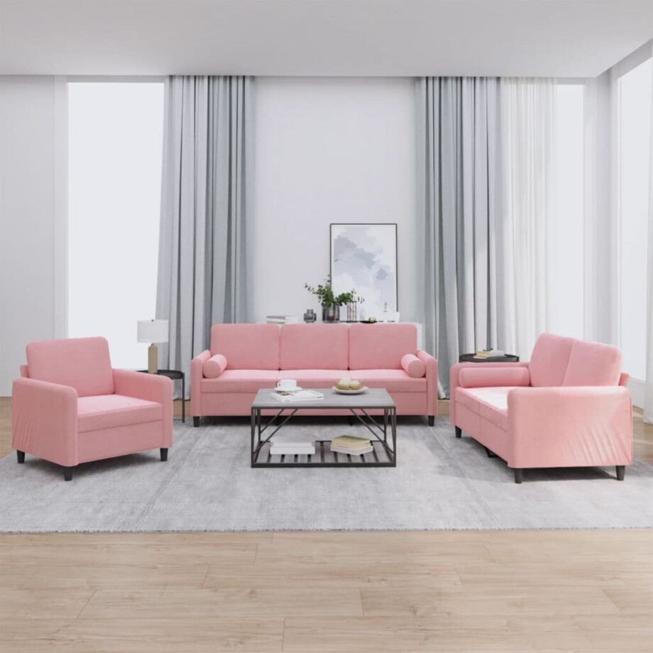 vidaXL 3-delige Loungeset met kussens fluweel roze vidaXL 3-delige Loungeset met kussens fluweel roze afbeelding 1