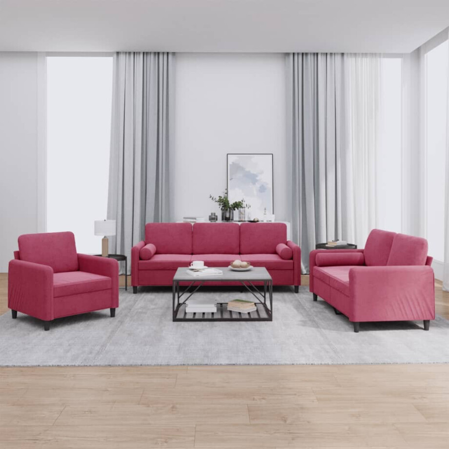 vidaXL 3-delige Loungeset met kussens fluweel wijnrood afbeelding 1