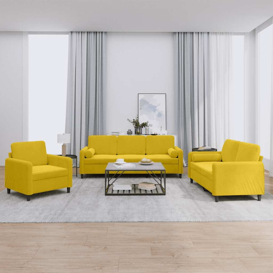 vidaXL 3-delige Loungeset met kussens fluweel geel afbeelding 1