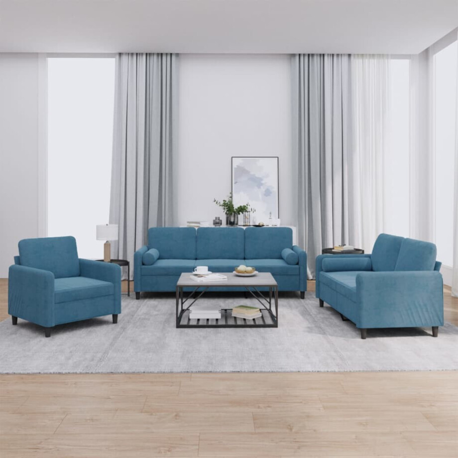 vidaXL 3-delige Loungeset met kussens fluweel blauw vidaXL 3-delige Loungeset met kussens fluweel blauw afbeelding 1