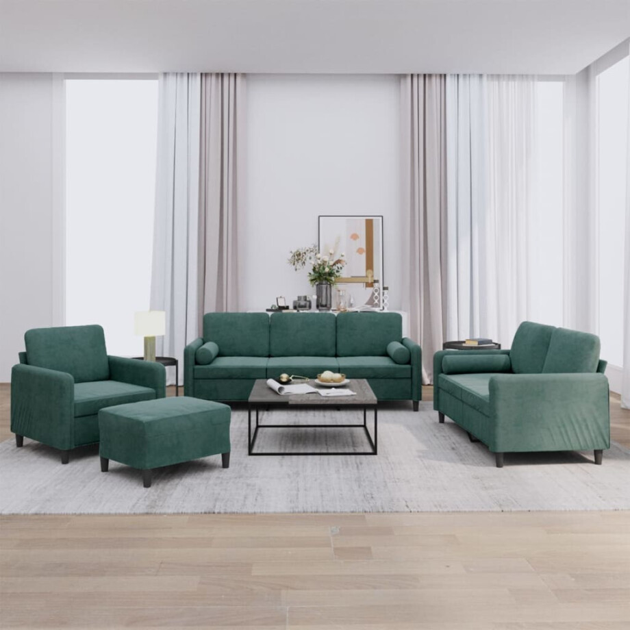 vidaXL 4-delige Loungeset met kussens fluweel donkergroen vidaXL 4-delige Loungeset met kussens fluweel donkergroen afbeelding 1
