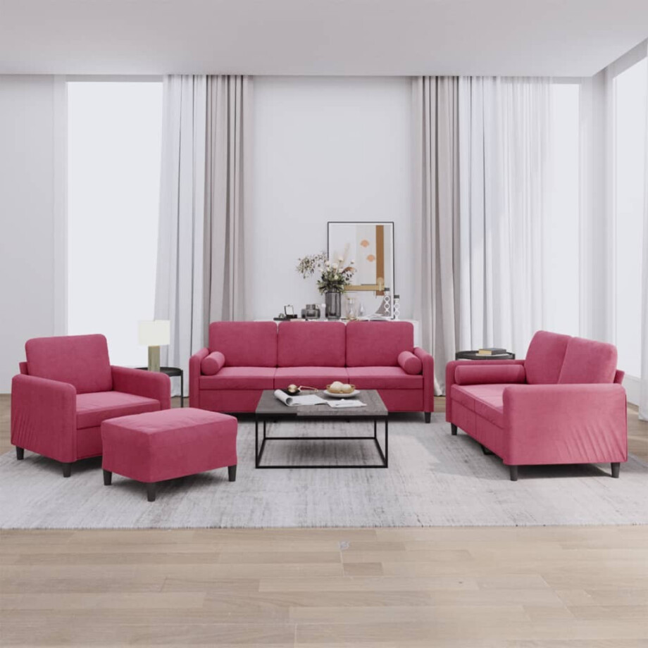 vidaXL 4-delige Loungeset met kussens fluweel wijnrood vidaXL 4-delige Loungeset met kussens fluweel wijnrood afbeelding 1