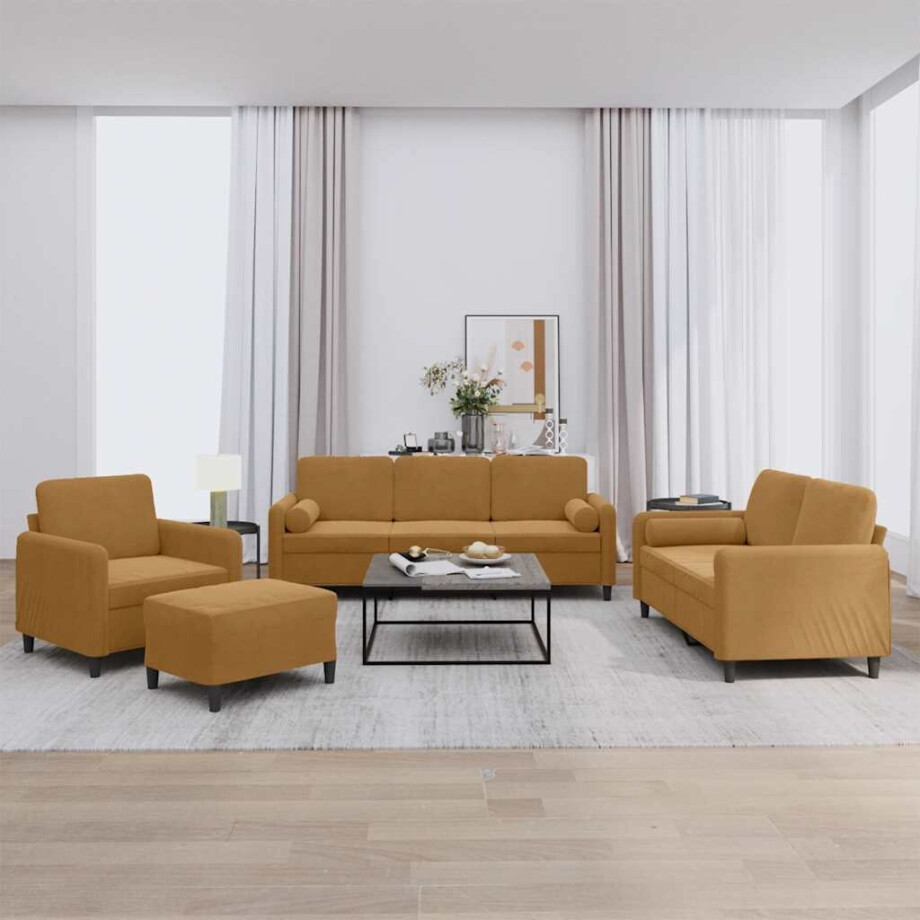 vidaXL 4-delige Loungeset met kussens fluweel bruin vidaXL 4-delige Loungeset met kussens fluweel bruin afbeelding 1