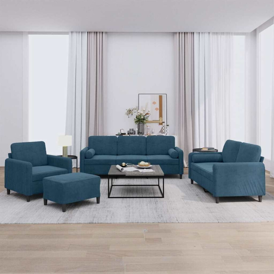 vidaXL 4-delige Loungeset met kussens fluweel blauw afbeelding 1