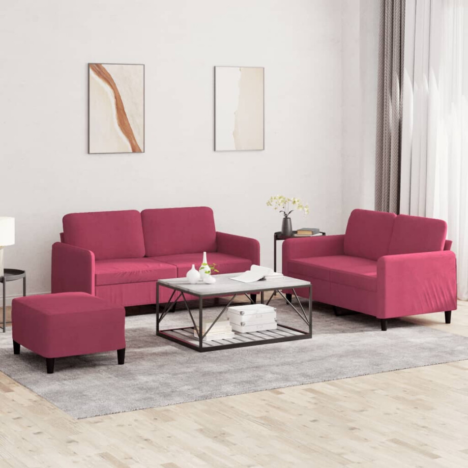 vidaXL 3-delige Loungeset fluweel wijnrood vidaXL 3-delige Loungeset fluweel wijnrood afbeelding 1
