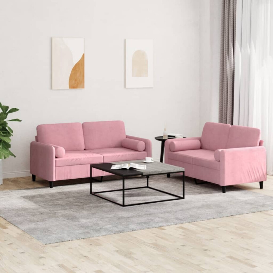 vidaXL 2-delige Loungeset met kussens fluweel roze afbeelding 1