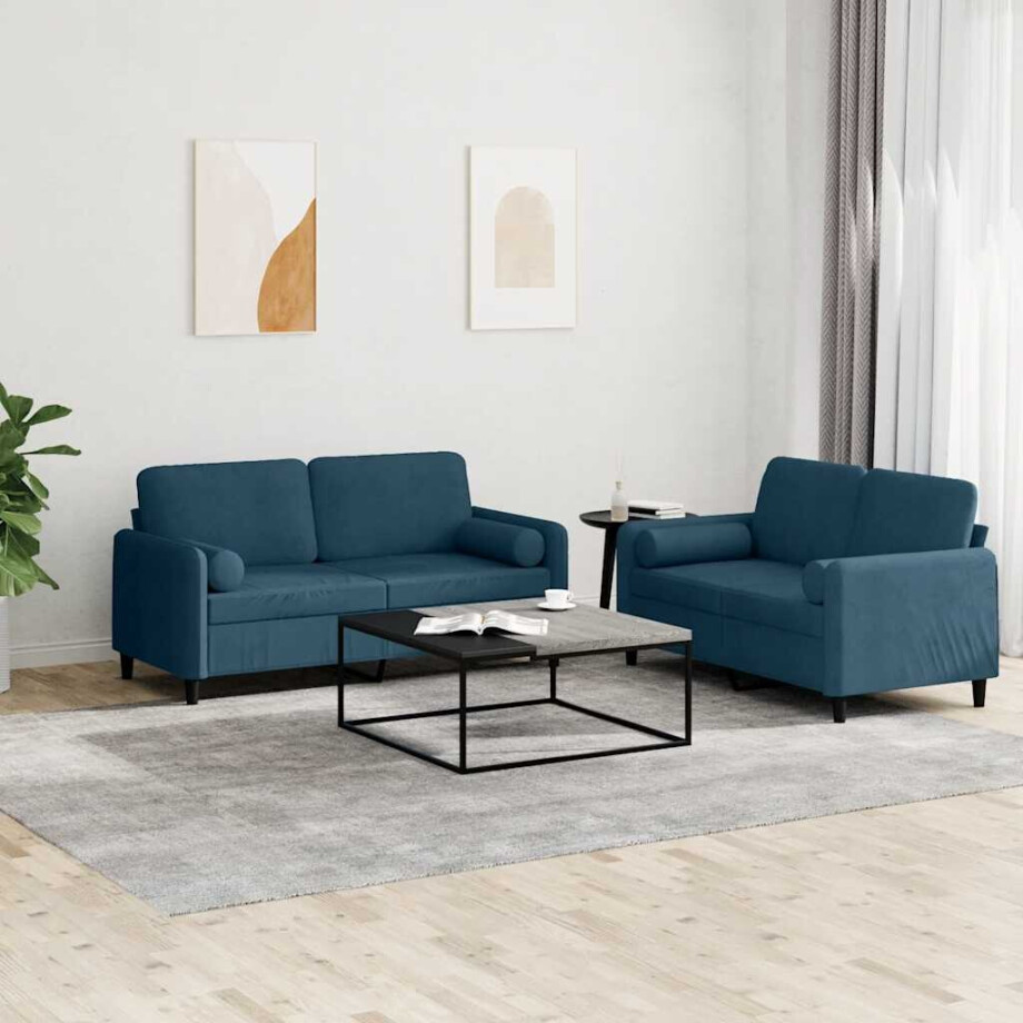 vidaXL 2-delige Loungeset met kussens fluweel blauw afbeelding 1