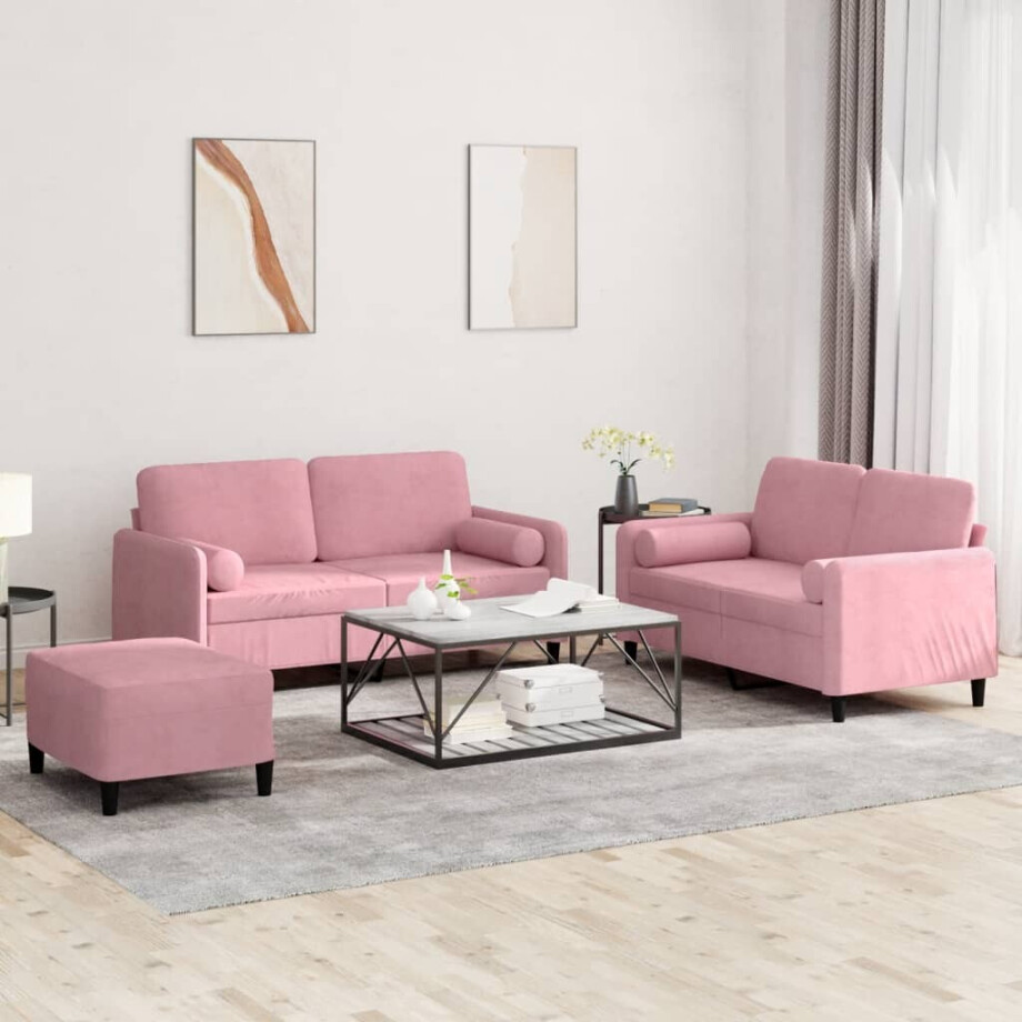 vidaXL 3-delige Loungeset met kussens fluweel roze afbeelding 1