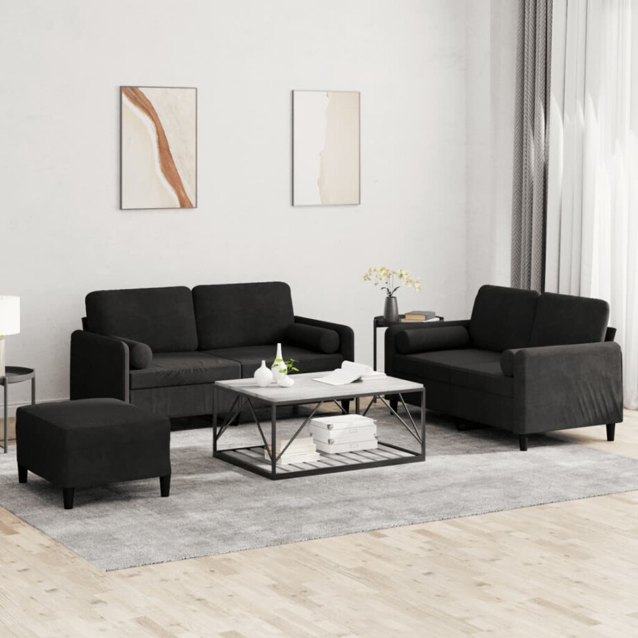 vidaXL 3-delige Loungeset met kussens fluweel zwart afbeelding 1