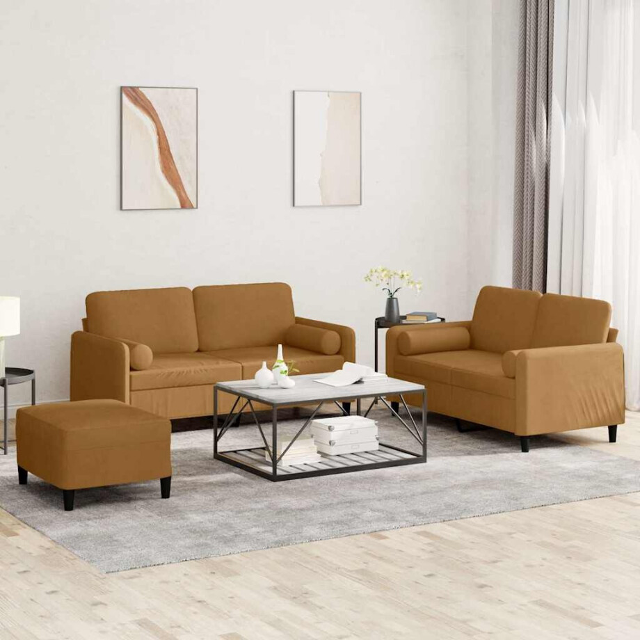 vidaXL 3-delige Loungeset met kussens fluweel bruin vidaXL 3-delige Loungeset met kussens fluweel bruin afbeelding 1