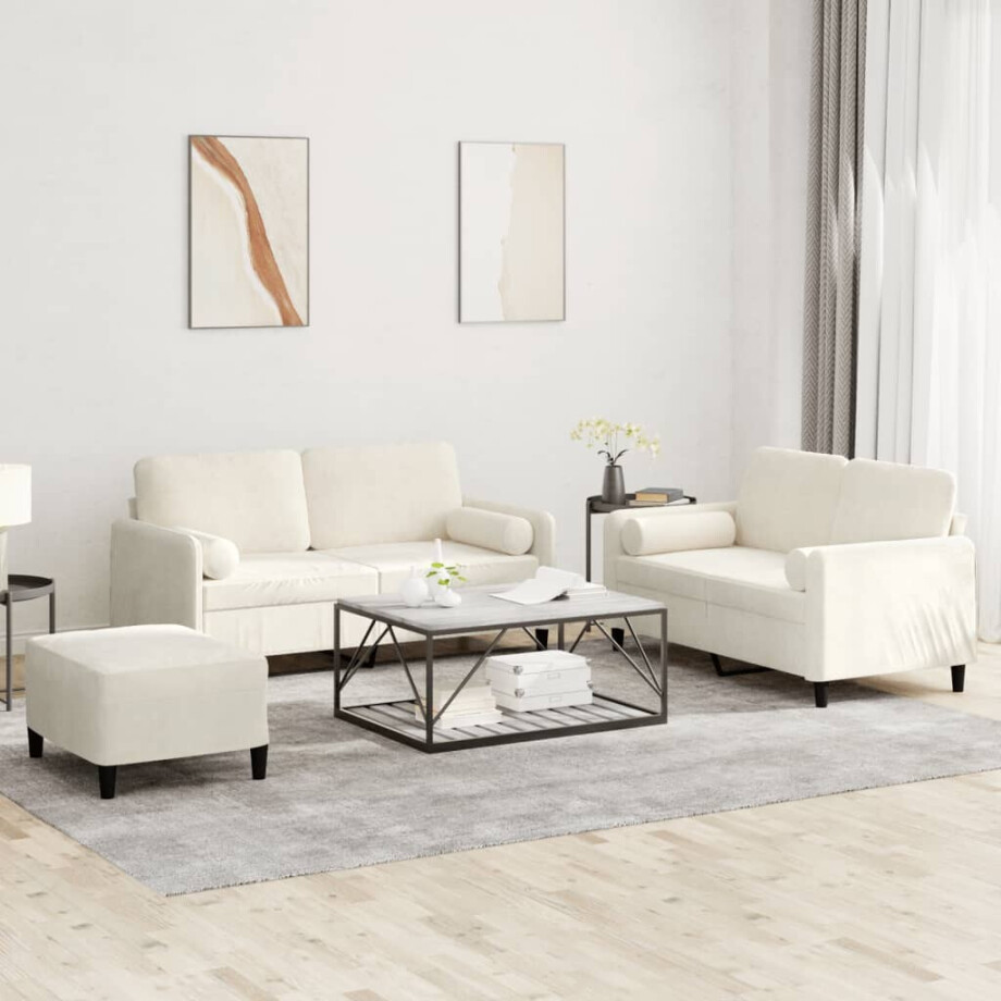 vidaXL 3-delige Loungeset met kussens fluweel crèmekleurig afbeelding 1