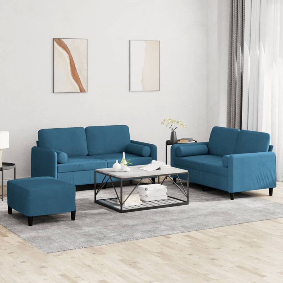 vidaXL 3-delige Loungeset met kussens fluweel blauw vidaXL 3-delige Loungeset met kussens fluweel blauw afbeelding 1